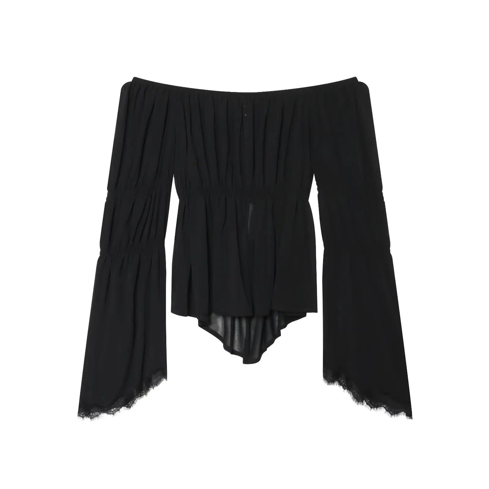 Willshela Women Fashion Black Pleated Single Breasted T-Shirts Vintage Slash Neck Long Sleeves Female Chic Lady Tops