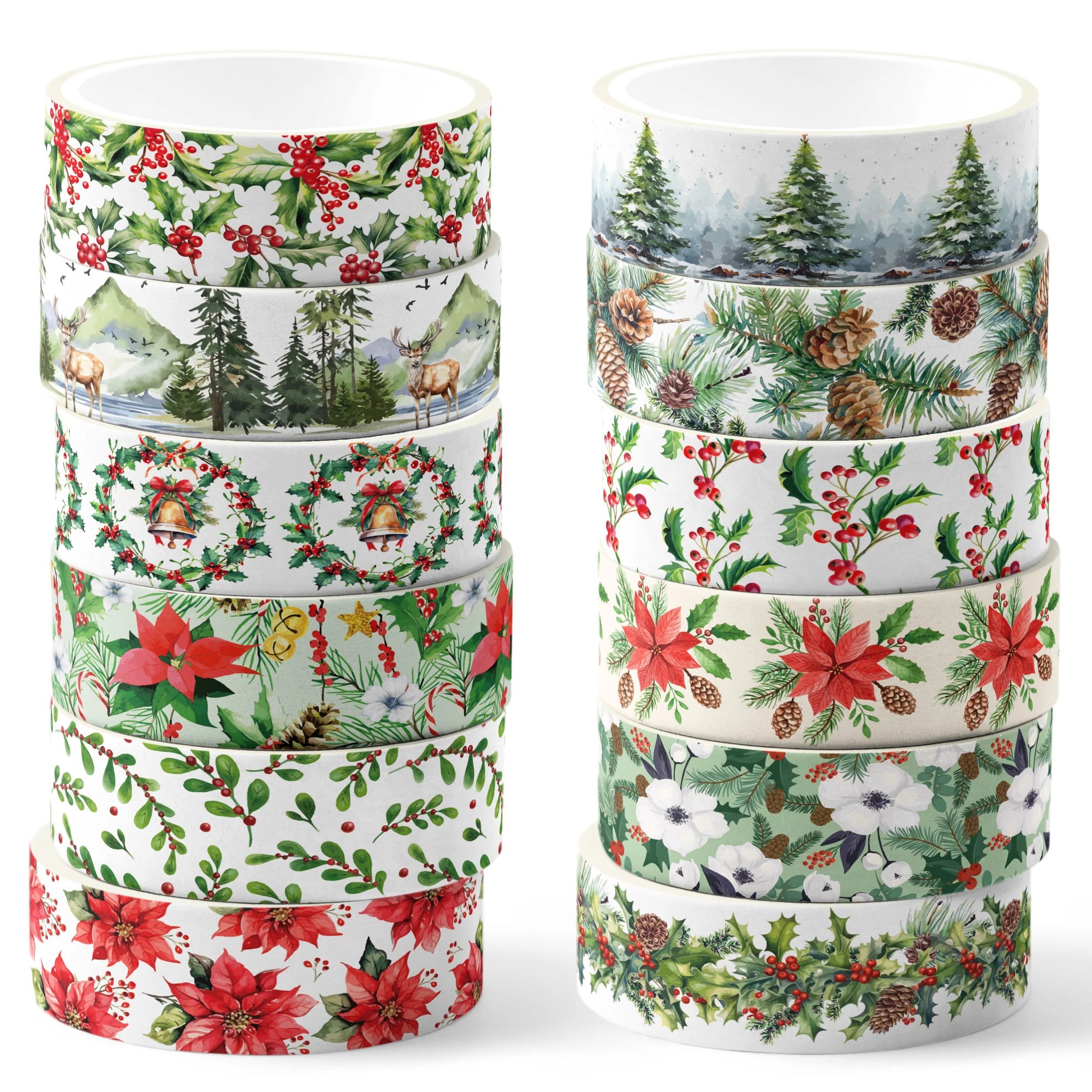 12 Rolls Watercolor Christmas Washi Tape Set,Decorative Paper Stickers,Craft Tape for Diary Scrapbooking Decor Party Supplies