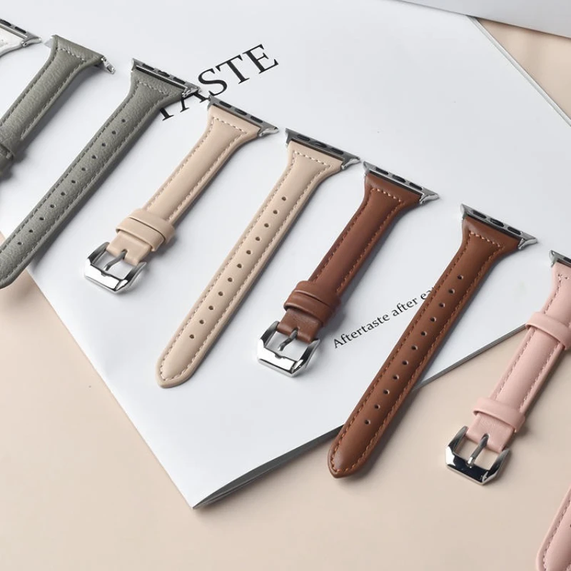 Correa de cuero delgada para Apple Watch 10 46mm 42 44 40 38 45 41mm ultra 2 49mm pulsera iWatch serie 10 9 8 7 6 SE 5 4 Correa