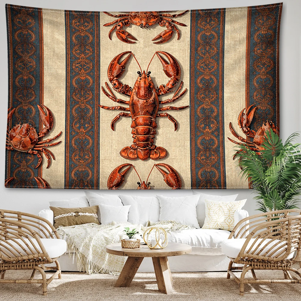 Striped Base Lobster Crab Symmetrical Printed Tapestry Wall Hanging Bohemian Style Bedroom Home Decor