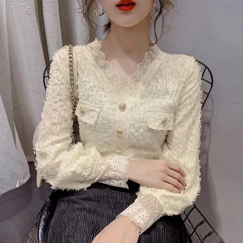 

Fashion Long Sleeve Lace Patchwork Tops Women Clothing Spring Autumn New Korean V-Neck Solid Color Bottoming Shirt Sweet Elegant