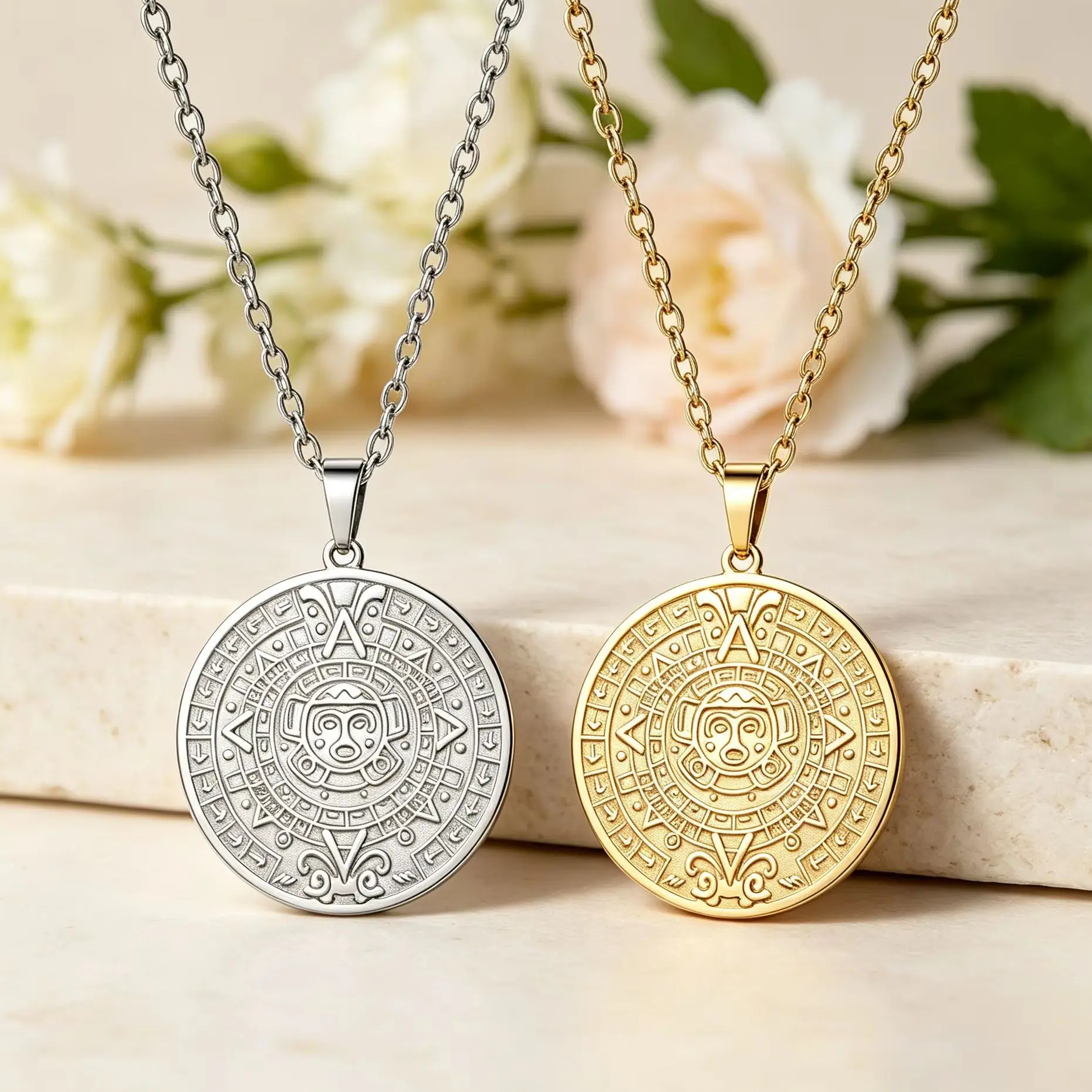 Lucktune Aztec Mayan Sun Calendar Necklace Stainless Steel Tribal Mexican Totem Pendant Necklace Ancient Culture Amulet Jewelry