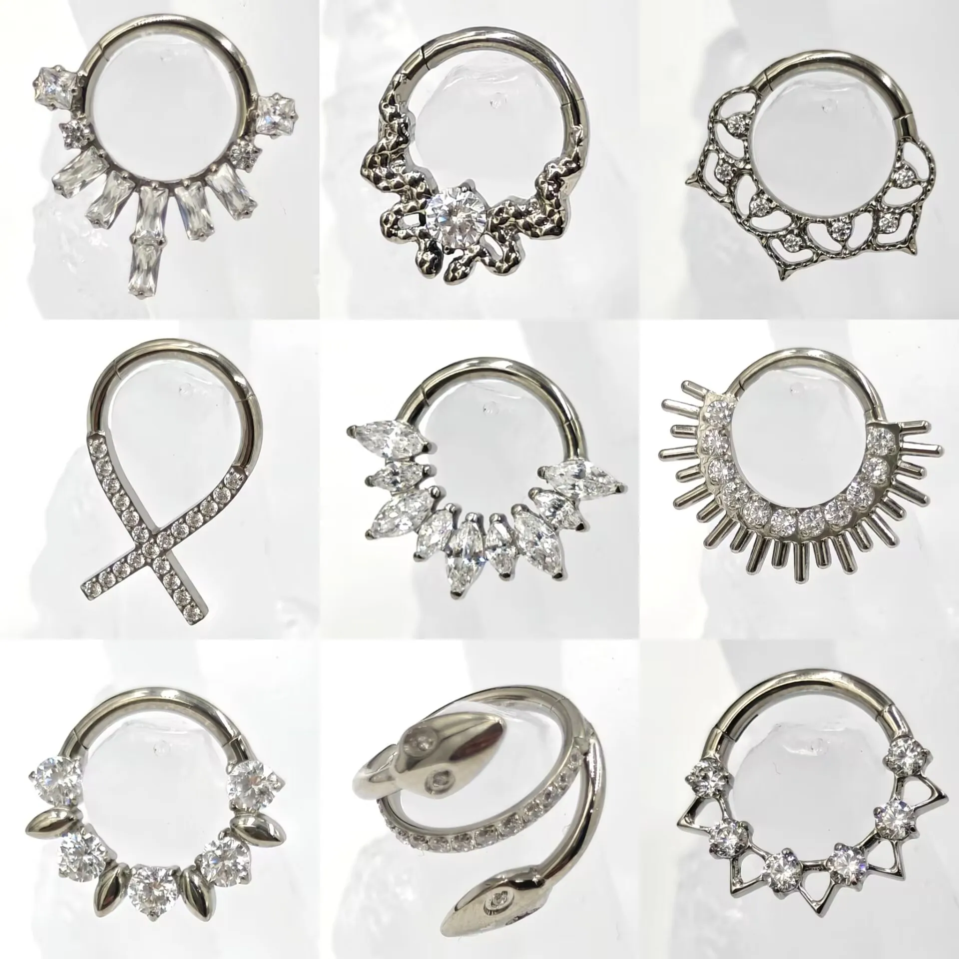 Pendiente de titanio ASTM F136 con circonita, argolla para nariz de 16G, clicker articulado para septum, hélix, cartílago de la oreja, anodizado, joyería corporal para piercing.