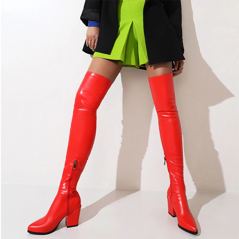 

New Long Style Thigh High PU Stretch Boots Pointy Toe Square High Heel Over The Knee Custom Big Size 48 Women Shoes