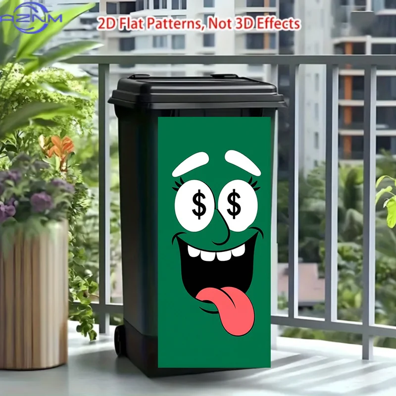 Printing Trash Can Sticker Featuring a Dollar-eyed Tongue-out Design. This Matte-finish Sticker Is Suitable for Decorating Bot