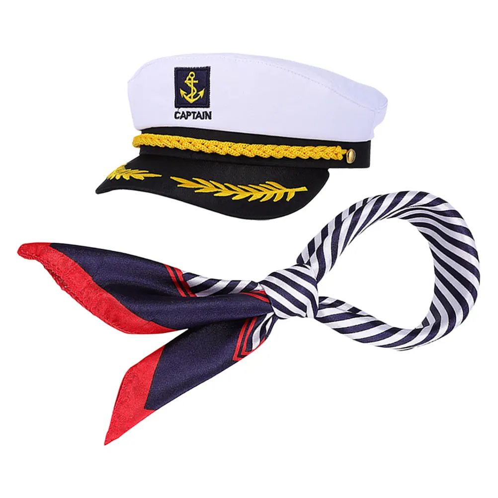 1Set Sailor Captain Hat Scarf Set Classic Nautical Costume for Men Women Yacht Captain Hat Party Accessories Sailor Neck Scarf
