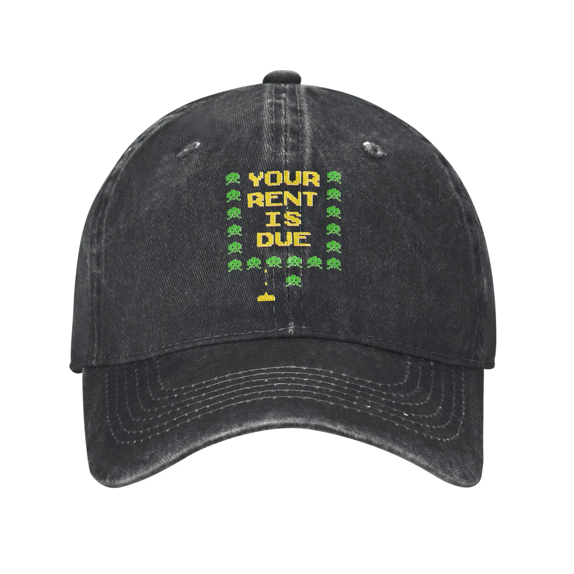 Space Invaders Men Women Baseball Caps Rent is due  Distressed Denim Washed Caps Hat Retro  Summer Unstructured Soft Headwear