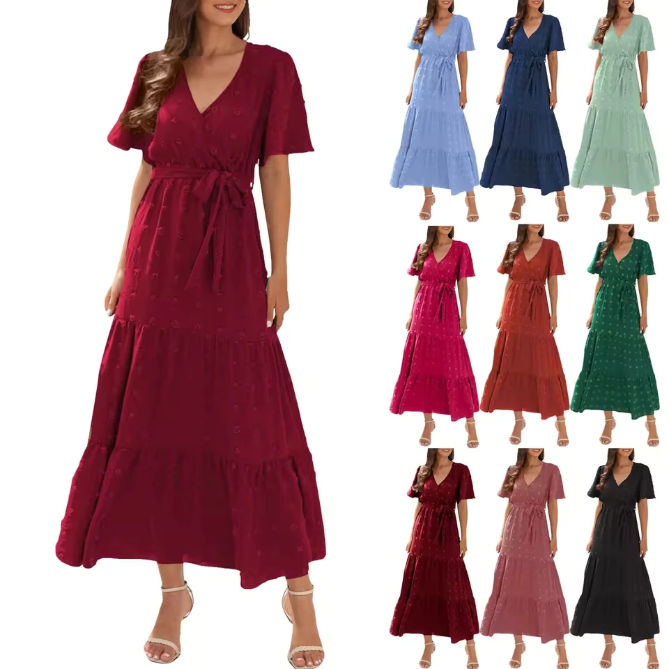 

Womens V Neck Summer Dresses Tie Waist Tiered Ruffle Layer Long Dress Bohemian Beach Baggy Solid Sundress