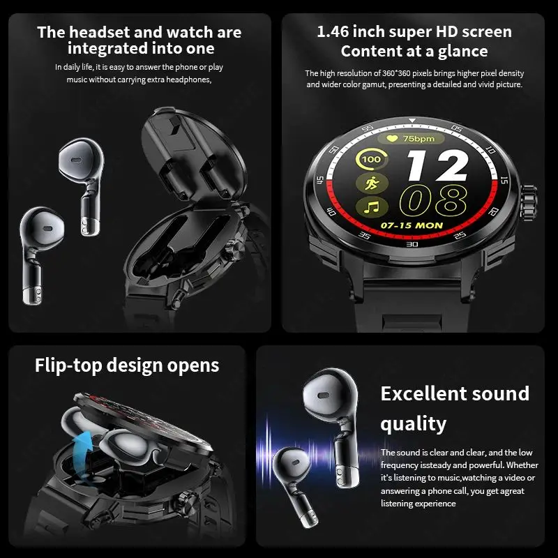 Wireless Headphones 2 In1 Smartwatch Men NFC Voice Call Sport Smart Watch Heart Rate Health Monitor Waterproof Watch Music Clock
