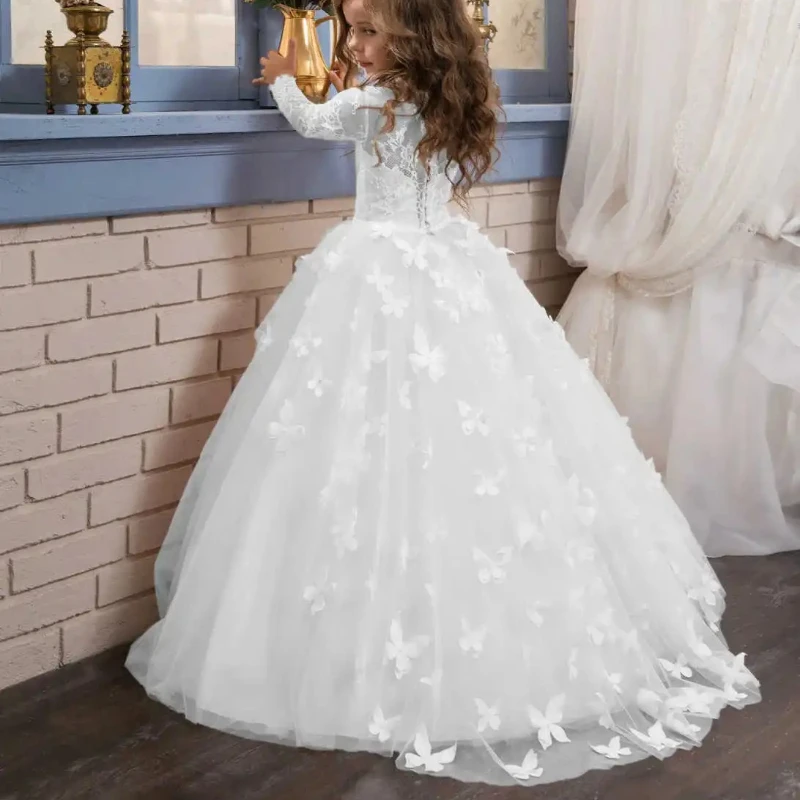 우아하고 사랑스러운 나비 바닥을 닦는 꽃 소녀 웨딩 드레스, 레이스 긴 소매 볼 드레스