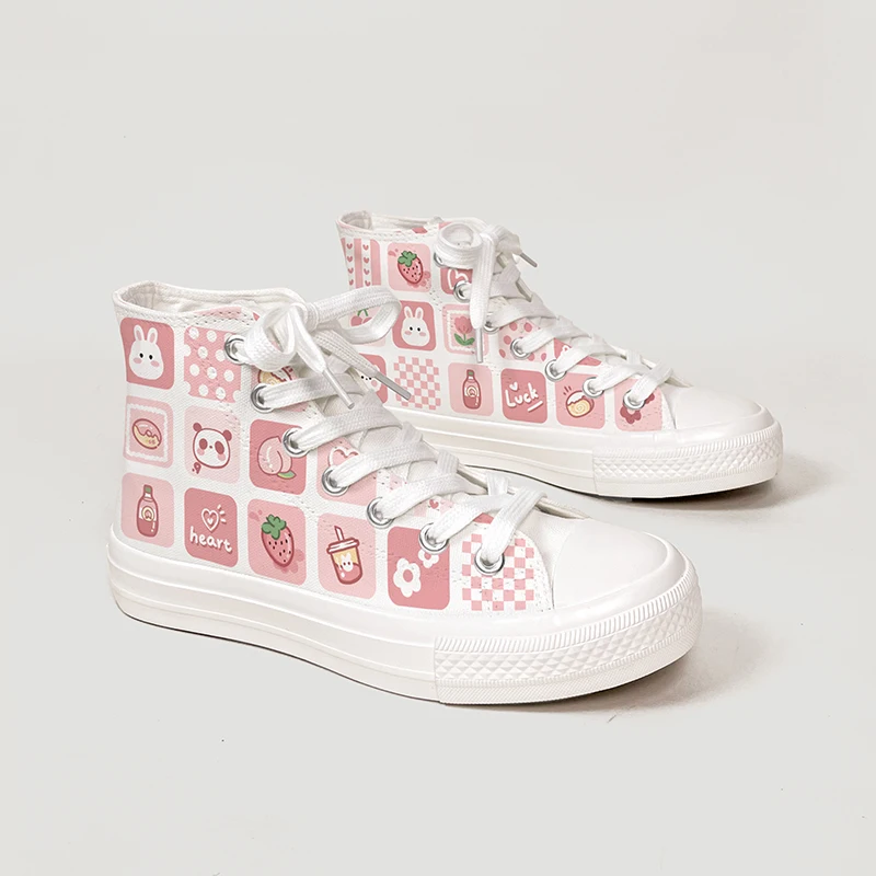 Amy and Michael Sweet Kawaii Shoes Lovely Girls Students Hand Painted Canvas Sneakers Women High Top Casual Flat Espadrilles