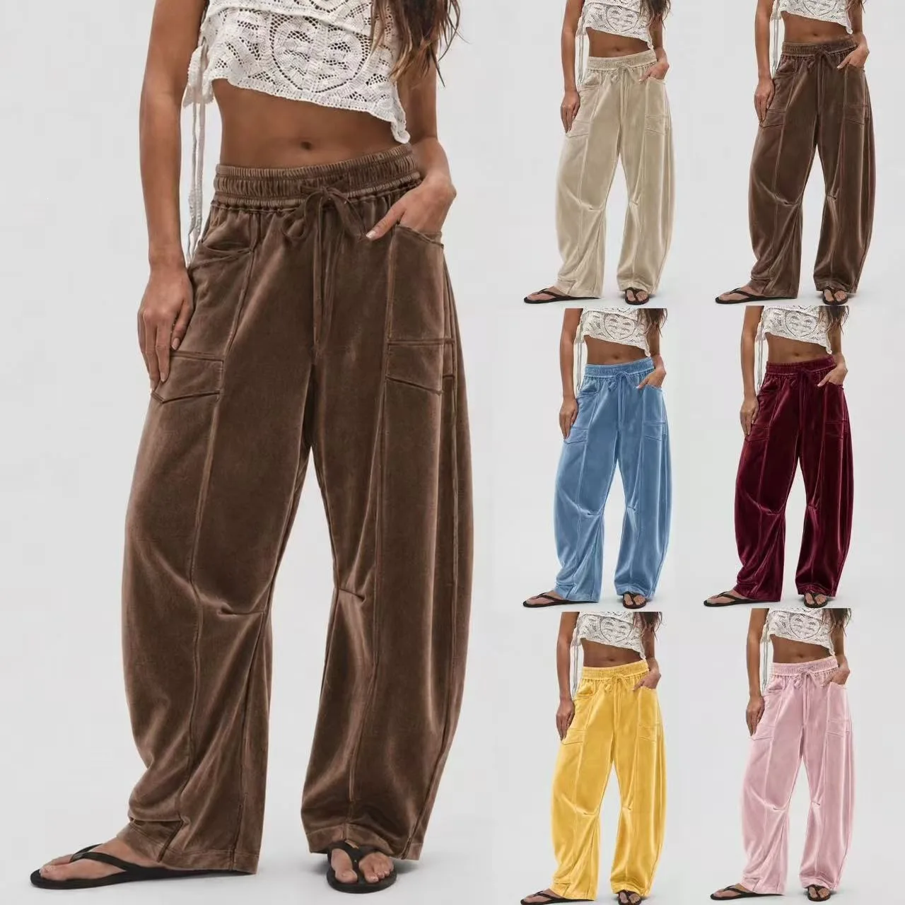 2026 Fashion Women Casual Loose Wide Leg Pants Autumn Winter Velvet Women Solid Color Drawstring Long Trousers Retro Sportswear