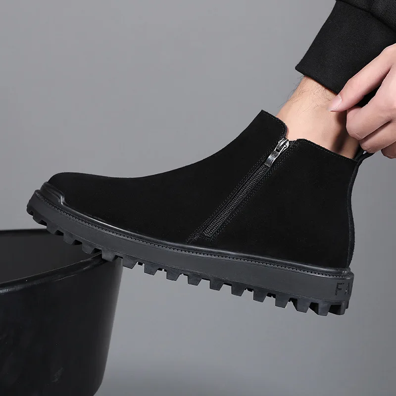 

mens casual cow suede leather boots autumn winter shoes cowboy platform chelsea boot black tide ankle botas handsome footwear