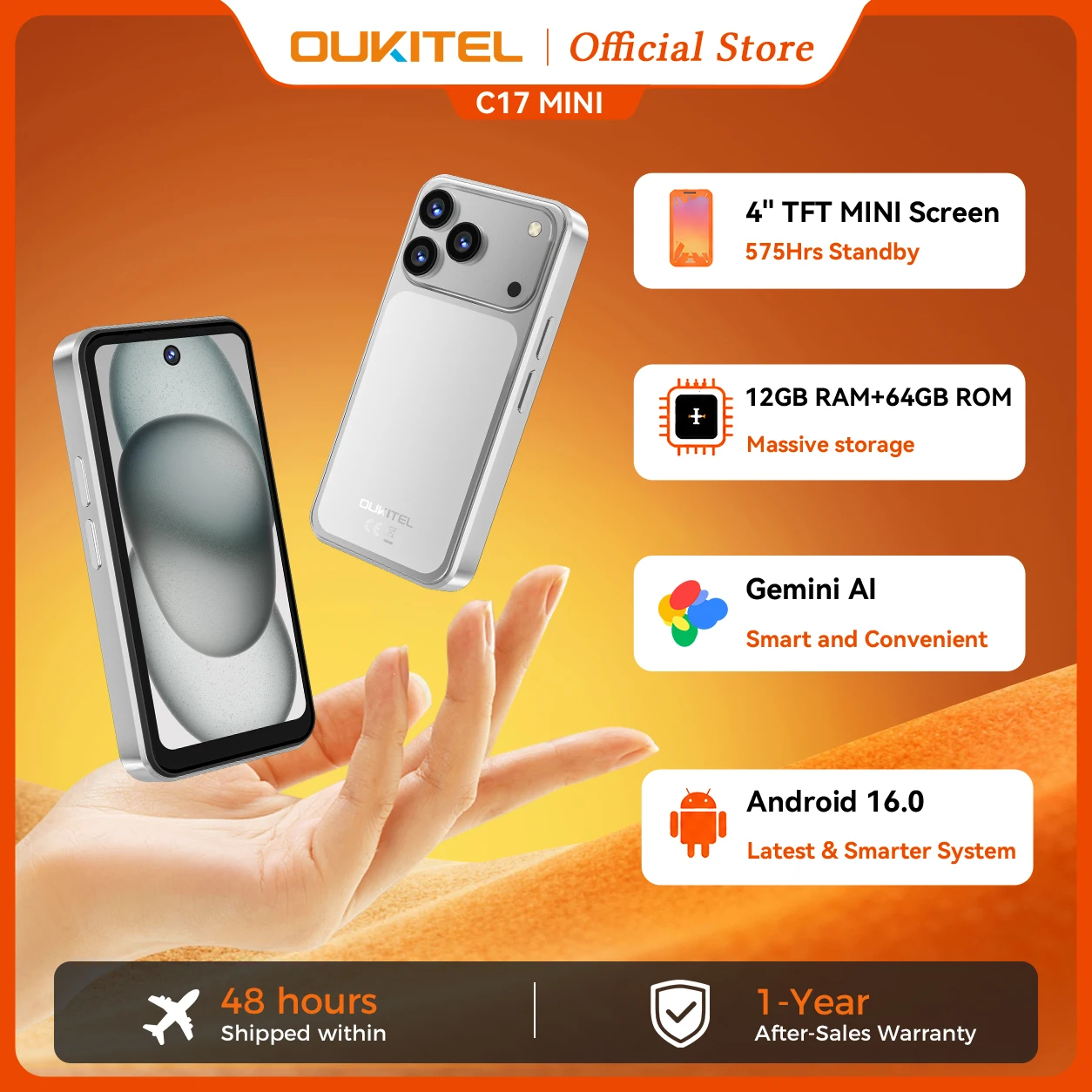 OUKITEL C17 Mini 4'' Small Smartphone Global Version Android 16 Octa Core 12GB（4+8）+ 64GB Gemini AI Backup Portable Phone