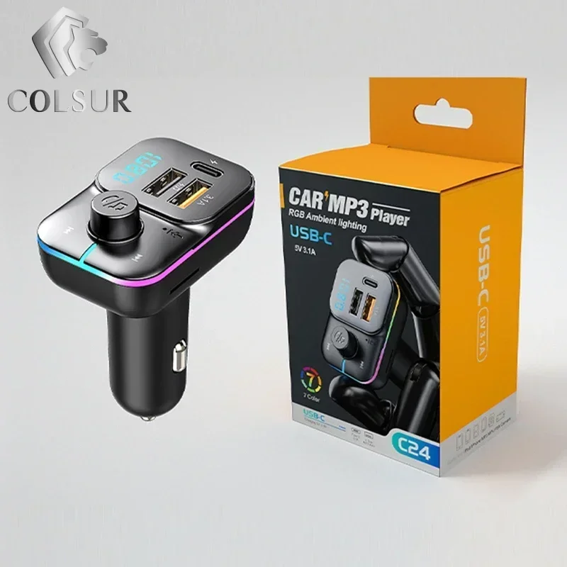 QC3.0 Wireless Handsfree Mp3 Player Colorful Lights Dual USB Car Charger FM Transmitter Bluetooth Adapter Tpye-C FM Modulator