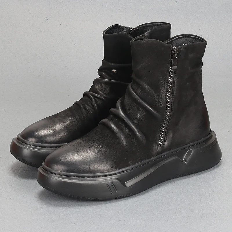 

Men's shoes new cowhide breathable casual fashion boots with thick soles and high tops leather shoes for men