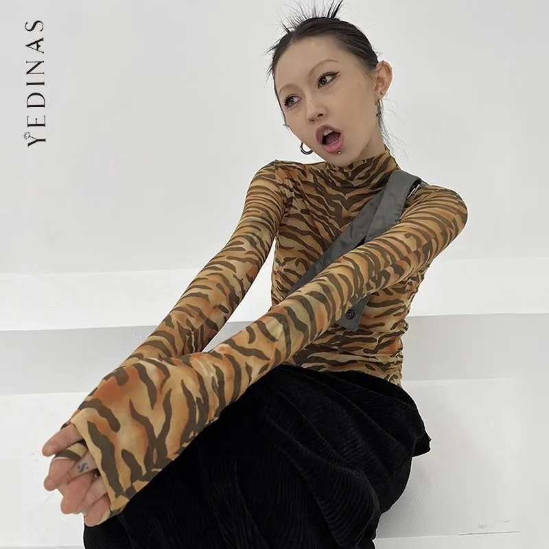 Yedinas Streetwear Turtleneck Mesh Tops Long Sleeve T Shirt Women Clothes Tiger Stripe Y2k Tee Shirt Femme Chic Grunge Aesthetic