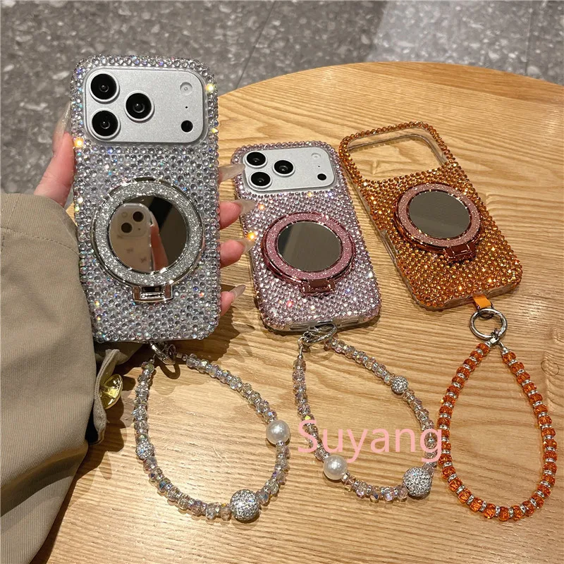 

Mirror Holder Glitter Starry Sky Diamond Clear Phone Case For iPhone 17 16 Pro Max 15 14 Plus 13 Shiny Shockproof Cover Bracelet