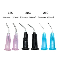 Irrigador dental descartável Bent agulha dicas, resina composta, pré Bent, distribuição de fluxo, 18g, 20g, 25g, 100Pcs