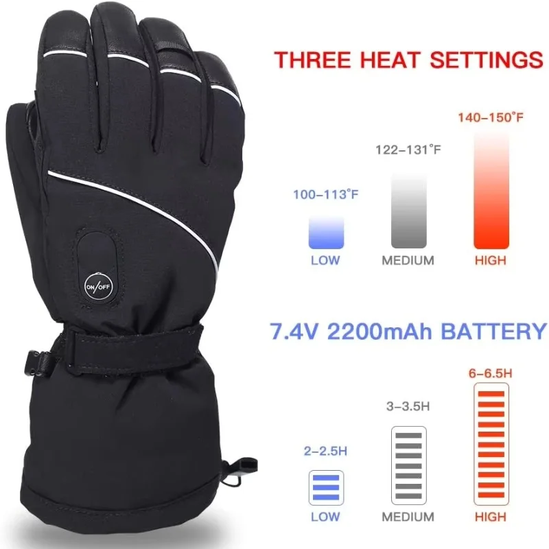 7.4V Heated Gloves Rechargeable, Electric Waterproof Winter Skiing Motorcycle Gloves, 3 Heat Levels Touchscreen Men Women