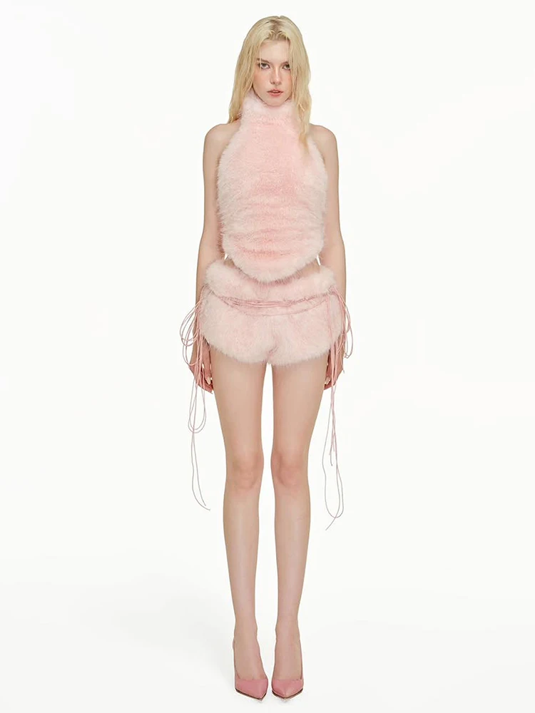 Weird Puss Furry Patchwork 2-teiliges Set Damen Neckholder Rollkragen Oberteil mit Schnürung am Rücken + Raffung Skinny Mini-Shorts Streetwear – Detail 11