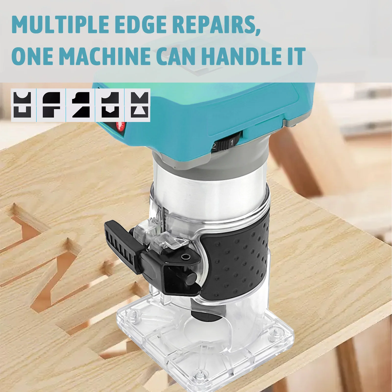 Portable Battery Powered Wood Router Trimmer, 2 Speed Adjustable Handheld Edge Milling Machine with Anti-Slip Handle, Complete Accessories for Wood Chamfering Grooving Carving