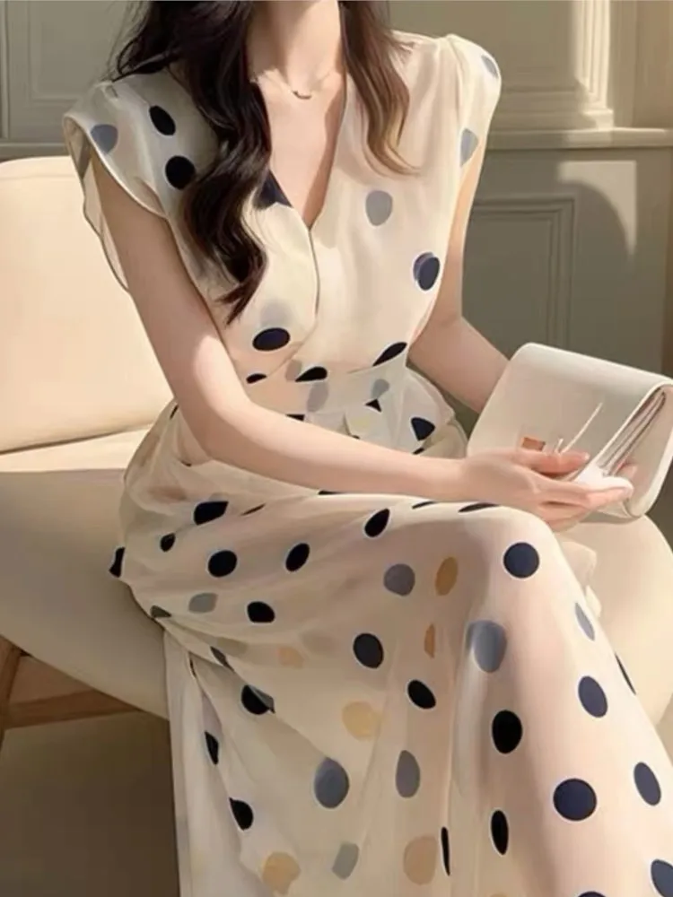 Fashion New Women Vintage Polka Dot Midi Dress Sleeveless Casual A-Line Party Prom Chic Vestidos Female Elegant Long Robe Mujers