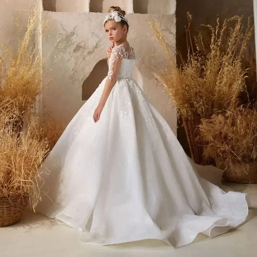Customized White Flower Girl Dresses Pageant Gown for Wedding Lace Appliques Princess Birthday Party First Communion Gown