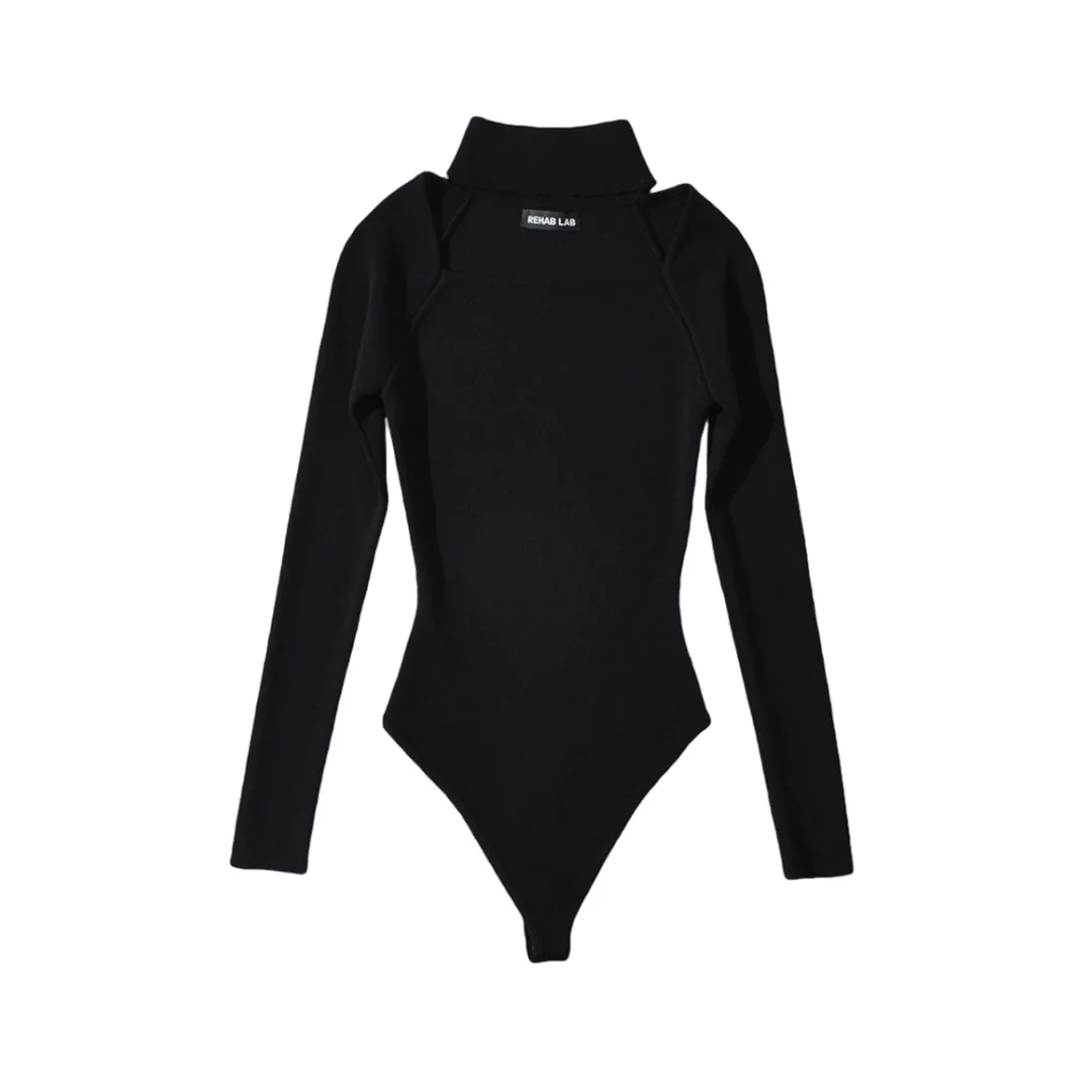 จั๊มสูทบอดี้สูทแขนยาวคอ halter ถักสำหรับผู้หญิง