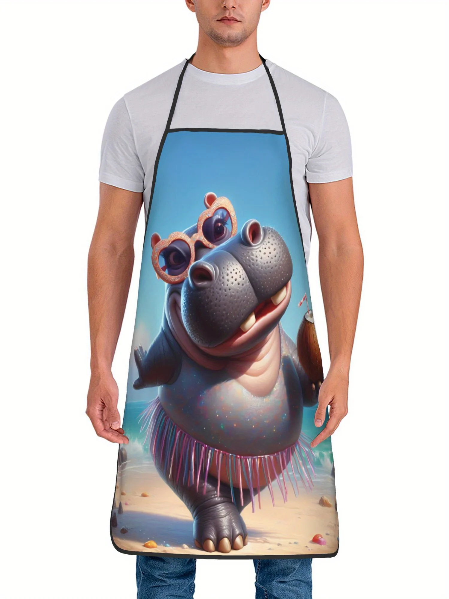 1pc Fun Hippo Kitchen Apron Tropical Beach Print Lightweight Polyester Adjustable Neck Strap Waist Ties Cooking BBQ Gardening
