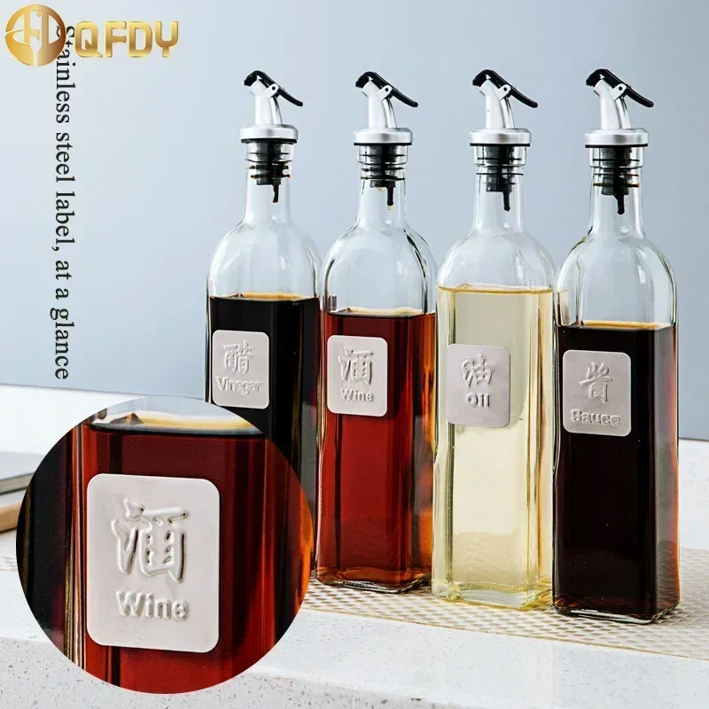 4Pcs Household Glass Oil Control Bottle Stainless Steel Label Oil Pot Soy Sauce Bottle Square Packaging Kitchen Seasoning Bottle