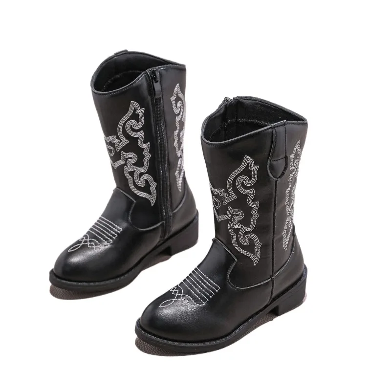 Bottes de cowboy brodées noires pour enfants, bottes mi-mollet de style occidental avec fermeture éclair latérale, chaussures pour enfants pour filles