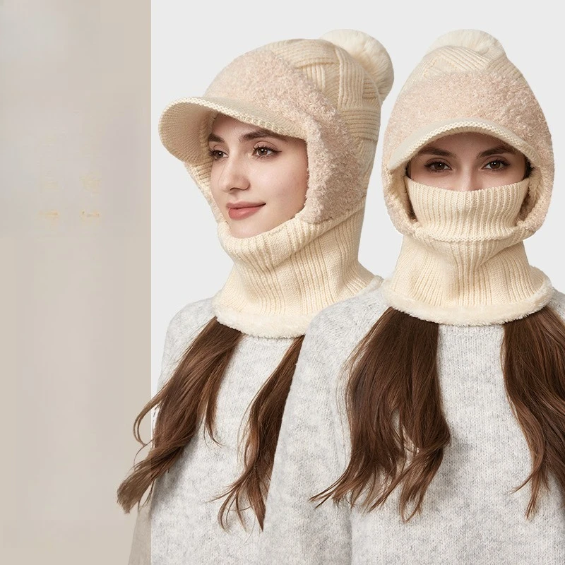 autumn-and-winter-new-hairball-duck-tongue-one-piece-knitted-hat-women's-outdoor-cycling-face-protection-hat-scarf-mask-tide