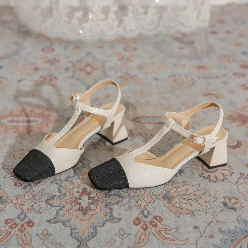 

Thick Heel Square Head French Small Fragrant High Heels T-Strap Retro Mary Jane Headed Back Air Sandals