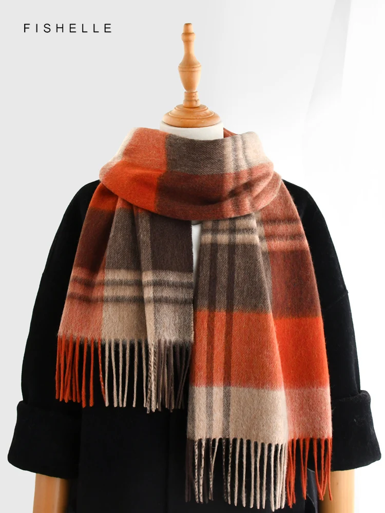 

Orange brown plaid 100% wool scarf autumn winter lady luxury gifts british style for women's wraps soft warm men scarves shawl