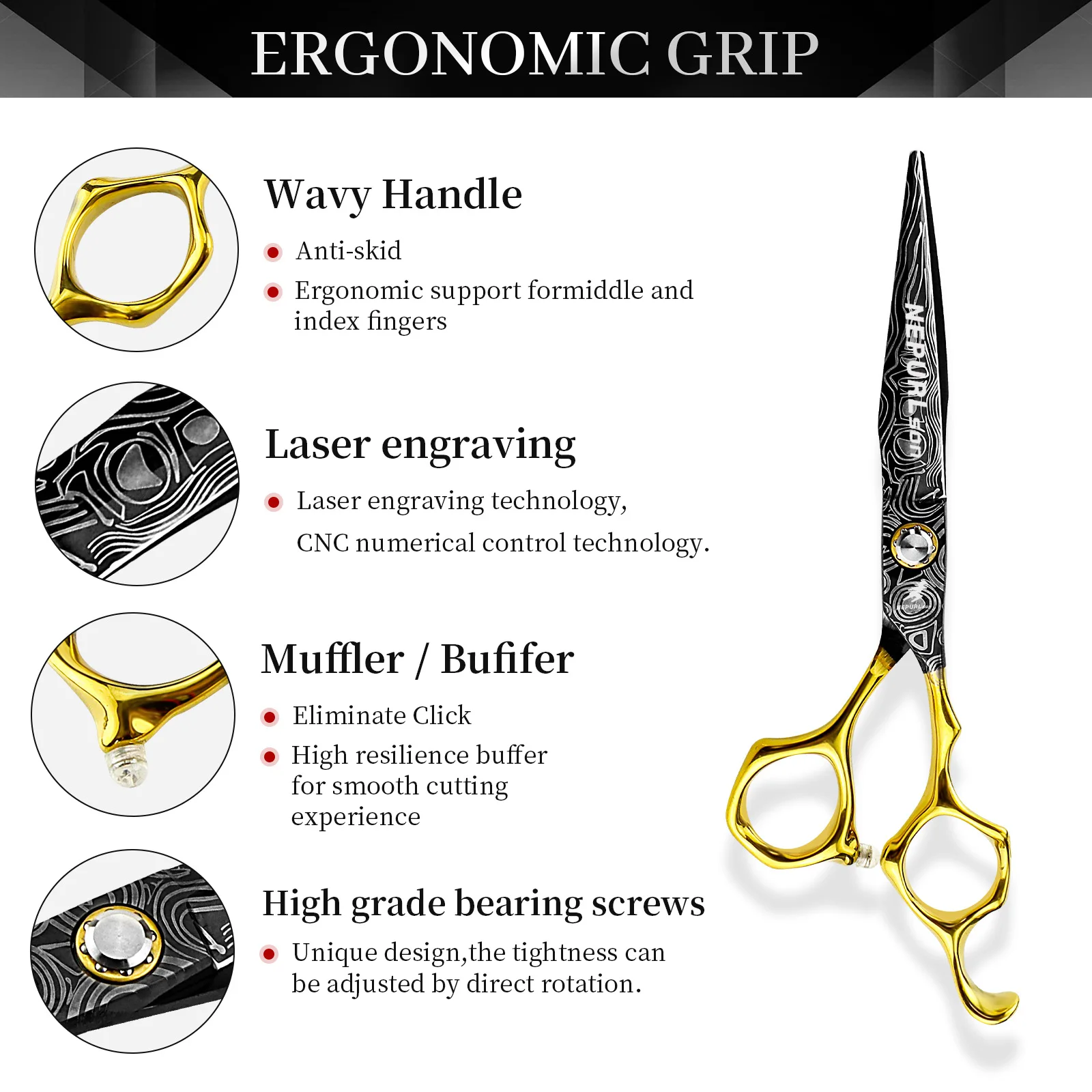 6.0-inch Damascus-pattern 440c steel hair scissors, specially designed for professional hairstylists, suitable for hair styling.