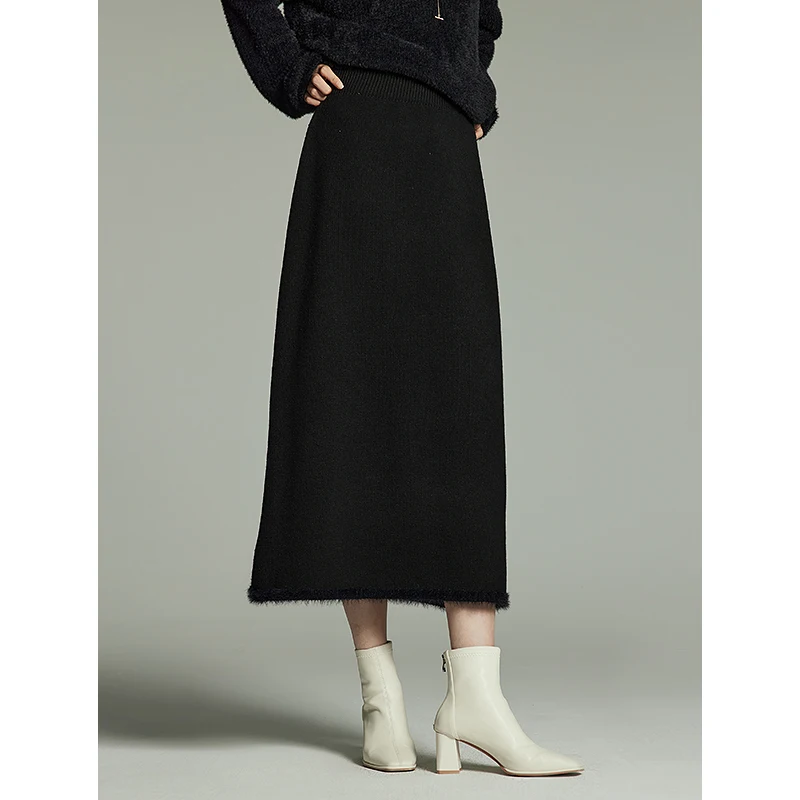 Toyouth Women Knitted Skirt 2023 Winter Elastic Waist A-shaped Slim Fit Hem Stitching Imitation Mink Edge Versatile Long Skirt