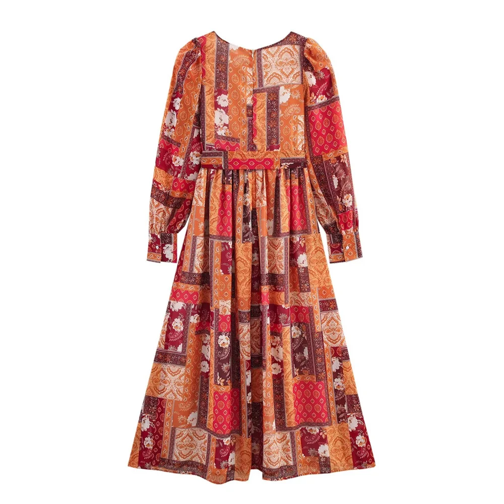   Robe longue à manches longues et col carré pour femmes, avec cravate à la taille imprimée Paisley Orange et rouge, Style bohème, 2025
