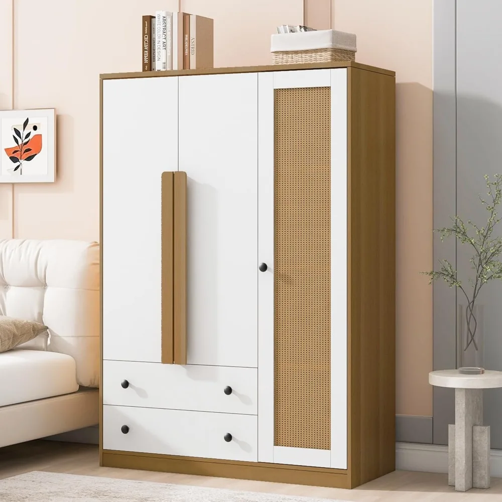 

Armoire Wardrobe Closet with 2 Drawers and 3 Doors, Bedroom Armoire Wardrobe Cabinet with Hanging Rod and Rattan Door