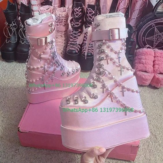 Lady pink platform chian altezza top design stivali lace-up stain cross Mary Jane boots calzature szie 46 buckle punk Y2K style boot