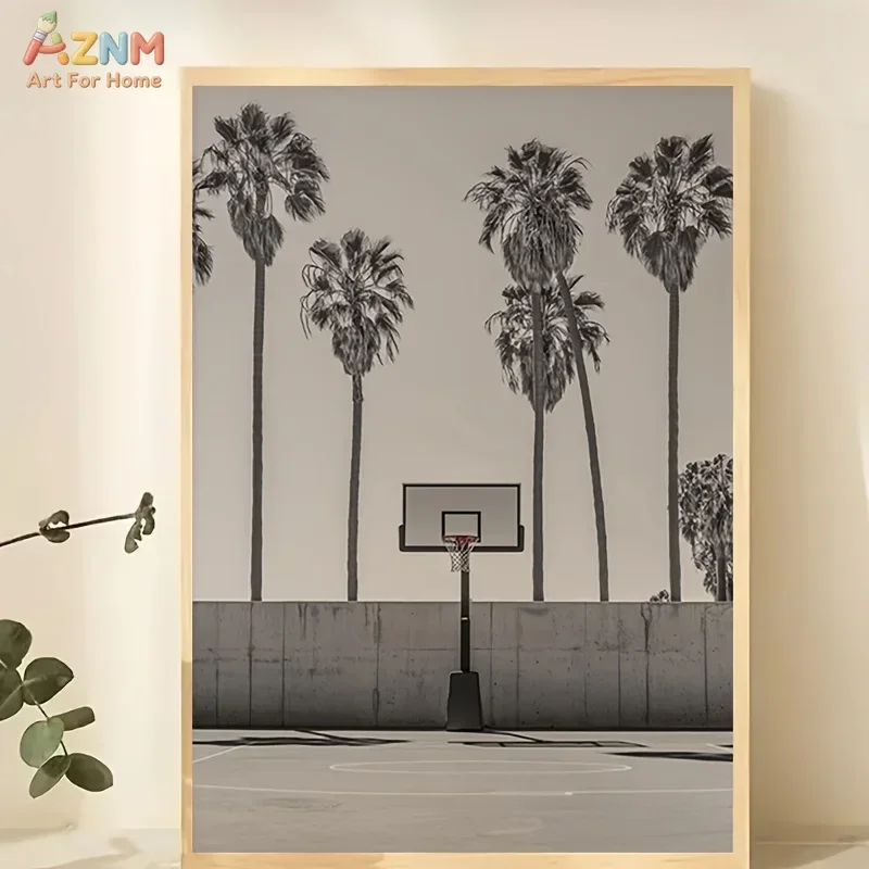 AZNM Black White California Basketball Court Canvas Wall Art, Palm Tree Outdoor Hoop Photo Print, Retro Sports Coastal Poster fo