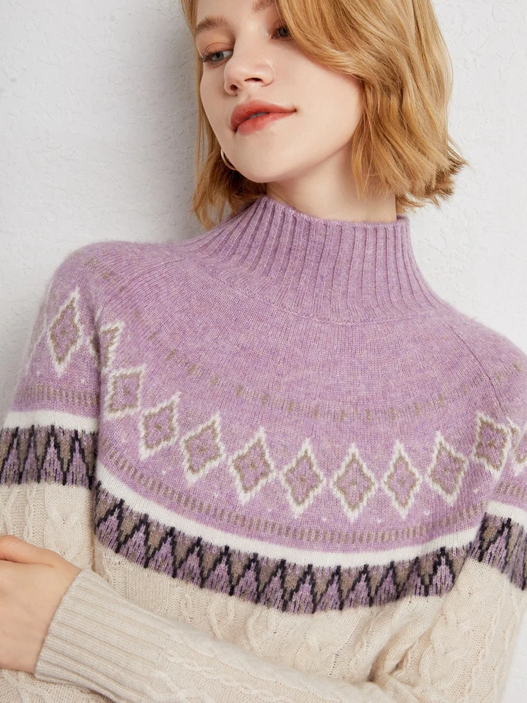 

Women Vintage Style Sweater Faire Isle Jacquard Sweater Thick Soft Elastic Pullover Autumn Winter Lady 100% Cashmere Knitted Top