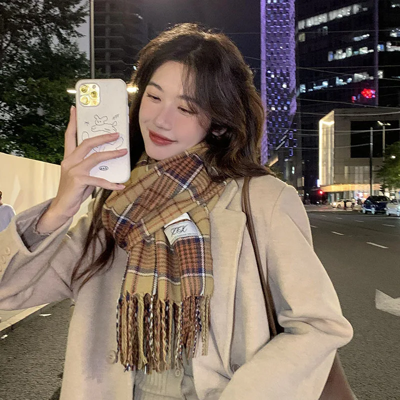 

Women Korean Style Houndstooth Large Tassel Faux Cashmere Scarf Retro Fashion Winter Thick Warm Neck Wrap Unique Trendy Gift