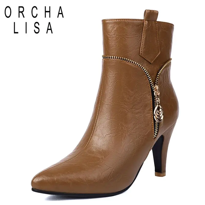 

ORCHALISA Mature Women Ankle Boots Decoration Fashion Daily Bota Female mujer Brown Black Pointed Toe Thin Heels 8.5cm 45 46 47