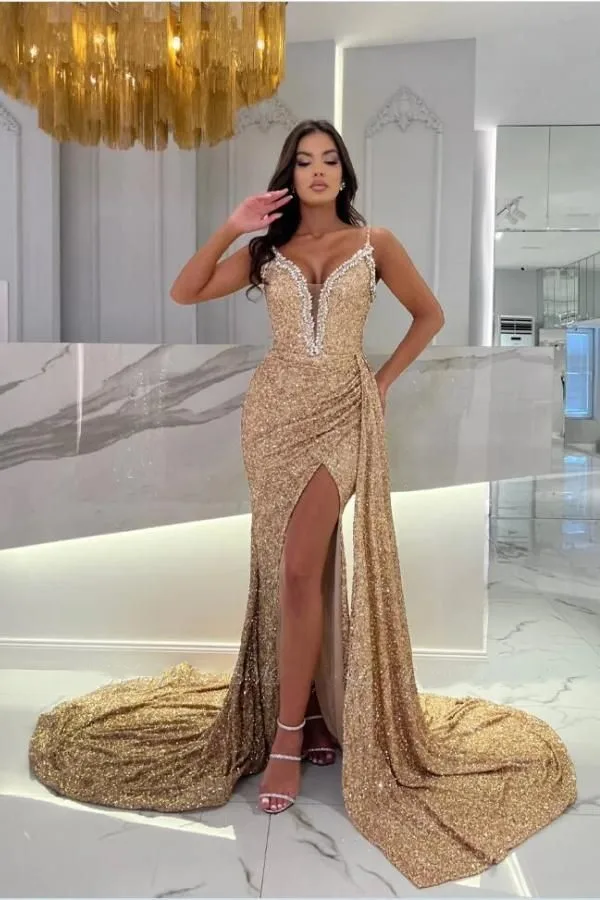 Sequined Prom Dresses Mermaid Sparkly Bling Spaghetti Strap V Neckline Sleeveless Sexy Front Slit Formal Party Evening Gowns