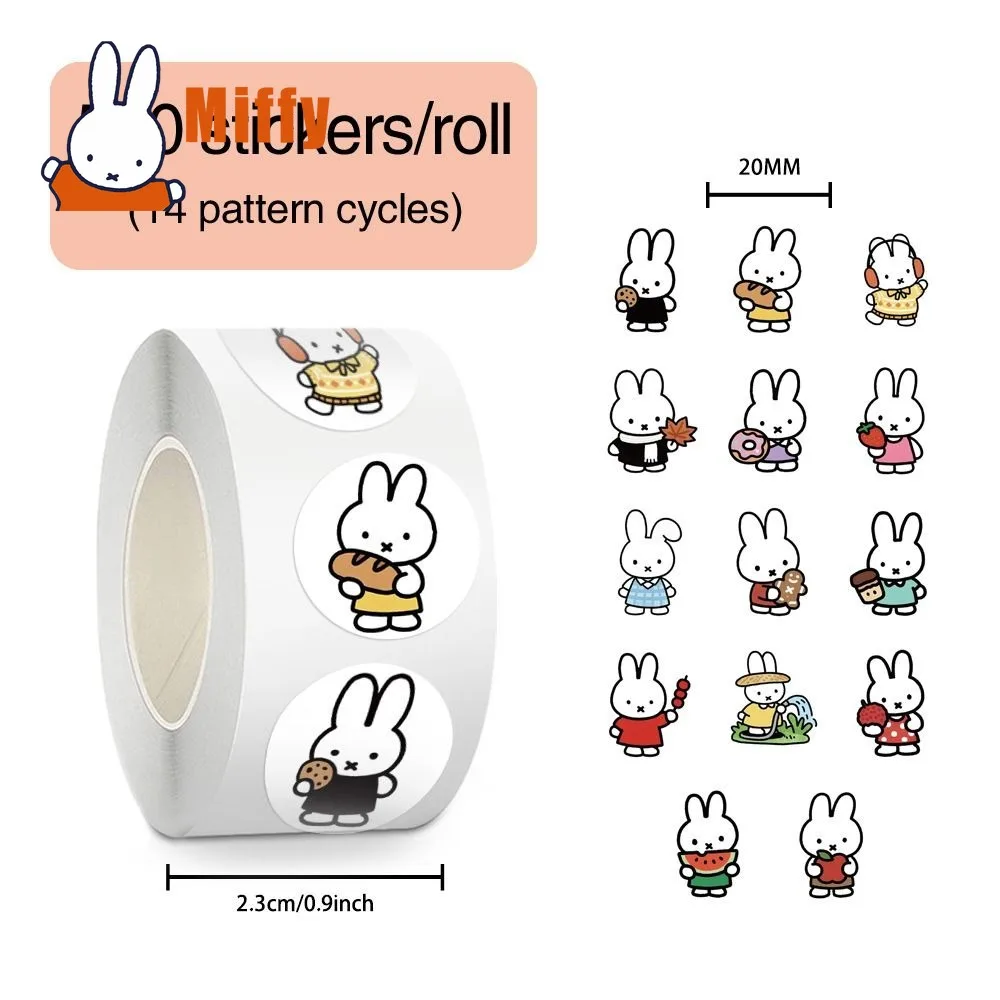 Kawaii Miffy Stickers Cute Rabbit Labels 500pcs Roll Waterproof Round Stationery Scrapbooking Laptop Mug Envelope Decor Gift