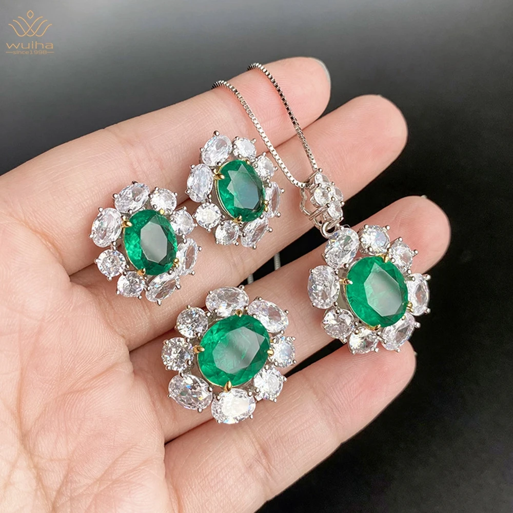 

WUIHA 925 Sterling Silver 10*12MM Emerald Sapphire Courndum Ring/Earrings/Pendant/Necklace Anniversary Jewelry Set Drop Shipping