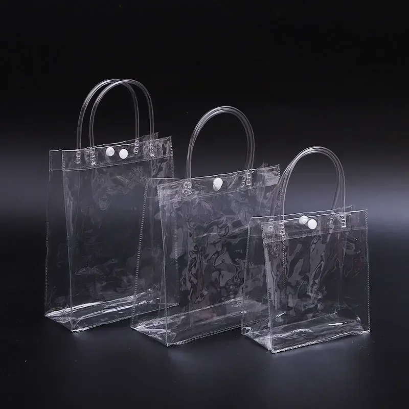 100PCS custom LOGO transparent tape handle plastic gift bags reusable handbags PVC gift bags wedding party supplies