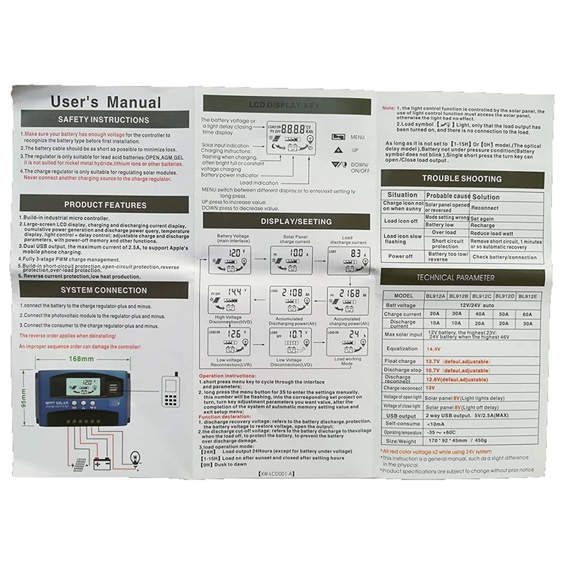 MPPT 12V/24V Auto Focus Tracking Solar Panel Regulator Dual USB Port Charge Controller