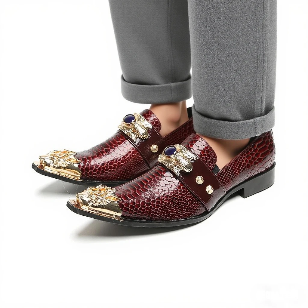 Herrenschuhe aus echtem Leder in Weinrot mit Schlangenmuster, goldener Tiger-Schnalle und violettem Edelstein-Dekor, urbanes Modeschuhwerk für Partys – Detail 4